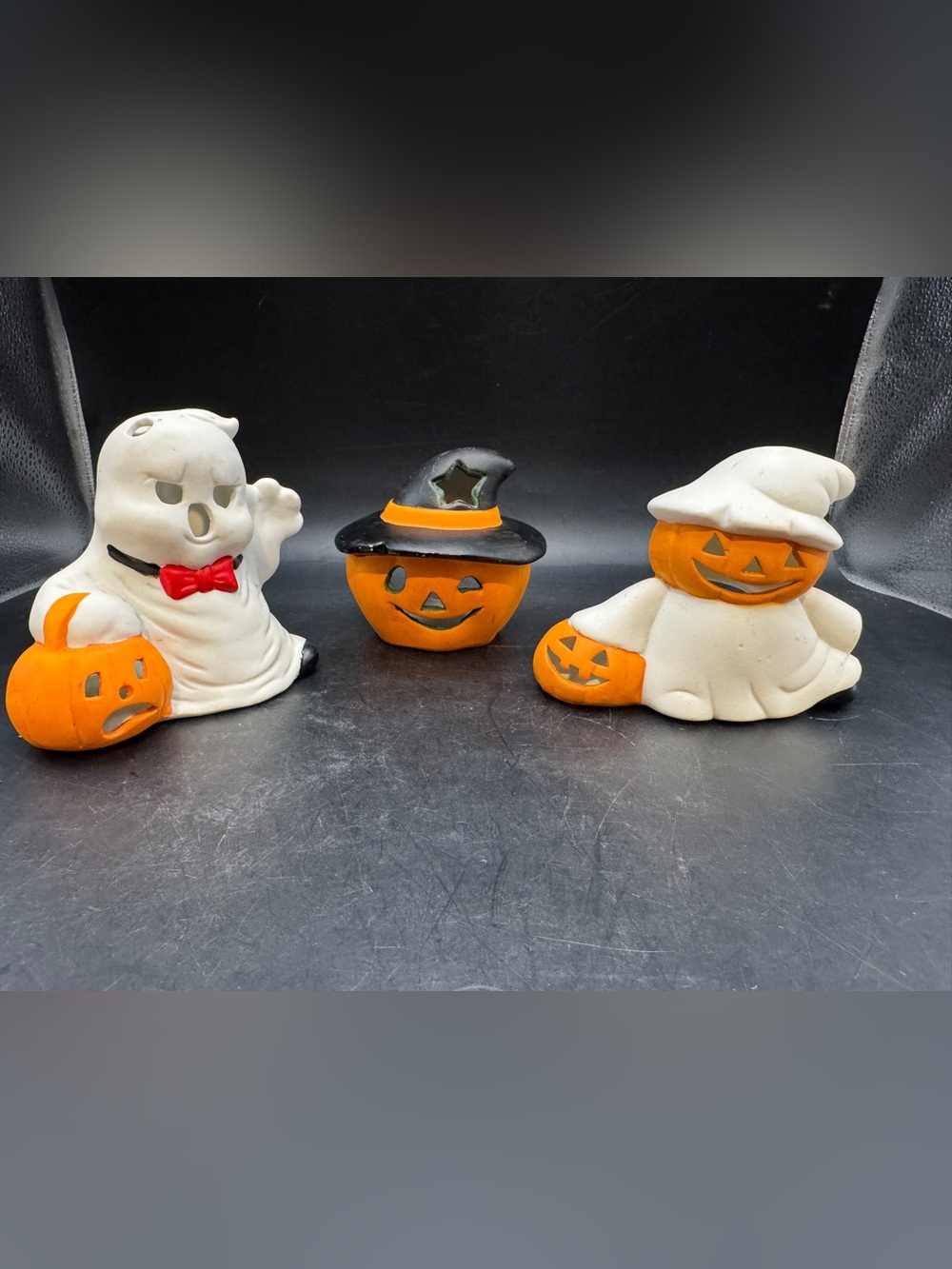 Vintage 1993 Ceramic Halloween Ghost Pumpkin Jack o Lantern Tea Light Holder